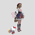 Cute Anime Girl in Bow Dress with Hello Kitty Like Creature and Yellow Wings