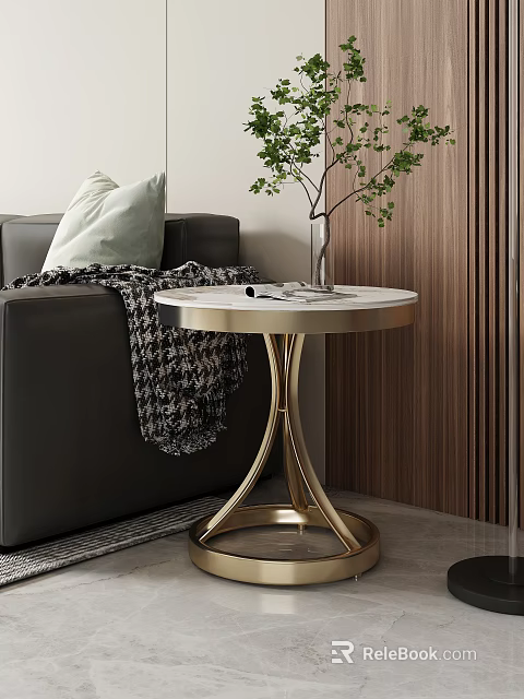 Elegant Modern Side Table With Marble Top Gold Base Green Plant Sofa And Wooden Wall 3d model 