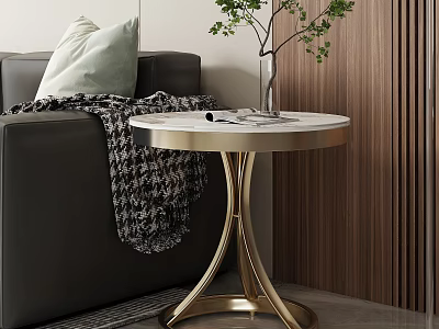 Elegant Modern Side Table With Marble Top Gold Base Green Plant Sofa And Wooden Wall 3d model