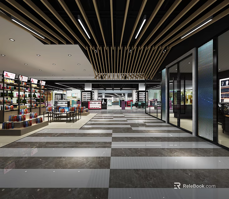 Bright Modern Shopping Mall Lobby Interior With Checkered Floors And Wooden Ceiling Beams 3d model 