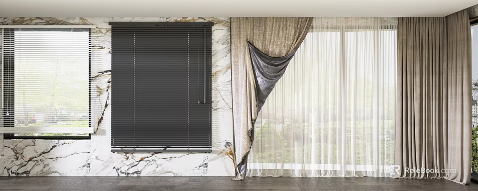 Black Window Blinds and Beige Curtains with Sheer Panels on Marble Wall 3d model 