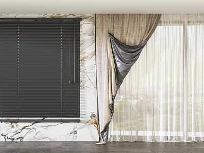Black Window Blinds and Beige Curtains with Sheer Panels on Marble Wall 3d model