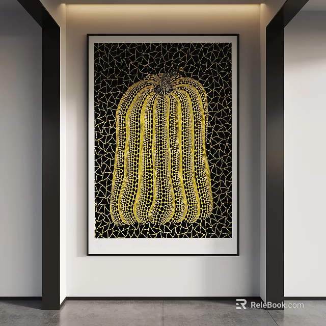Yellow Pumpkin Artwork With Cracked Black Background Framed On White Wall 3d model