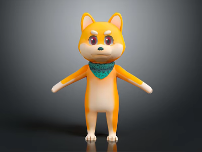 3D Cartoon Shiba Inu Game Movie Character With Yellow Fur Green Scarf And Red Eyes 3d model