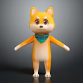 3D Cartoon Shiba Inu Game Movie Character With Yellow Fur Green Scarf And Red Eyes