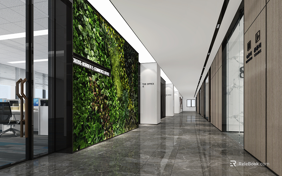 Modern Office Corridor Design With Green Plant Wall And Spacious Office Walkway 3d model 