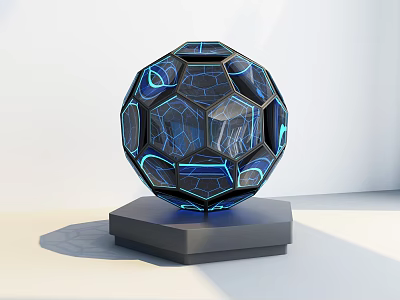 Futuristic Spherical Art Installation With Hexagonal Grid Blue Illuminated Lines And Black Base 3d model