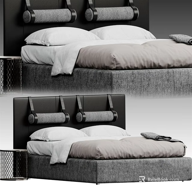 Modern Upholstered Double Bed With Rolled Headboard Gray Frame And White Pillows 3d model 