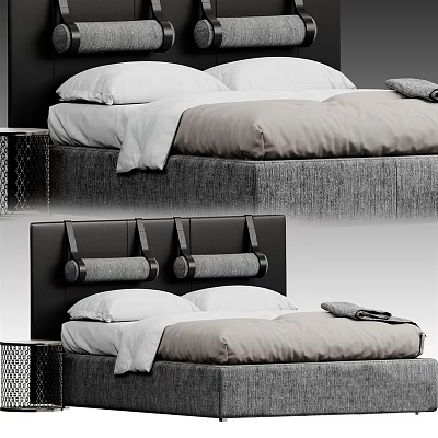 Modern Upholstered Double Bed With Rolled Headboard Gray Frame And White Pillows 3d model