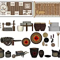 Traditional Chinese Decorative Ornament Set with Vintage Pottery Jars Stone Mills and Wooden Farming Tools