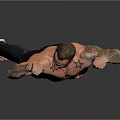Muscular Shirtless Man Flexing Biceps In Dark Jeans Against Gray Background