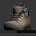 Brown High Top Outdoor Shoes With Durable Sole And Dark Laces On Black Display Stand