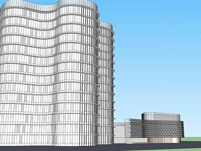 Modern Office Building With Wavy Glass Facade And Adjacent Low Structure 3d model