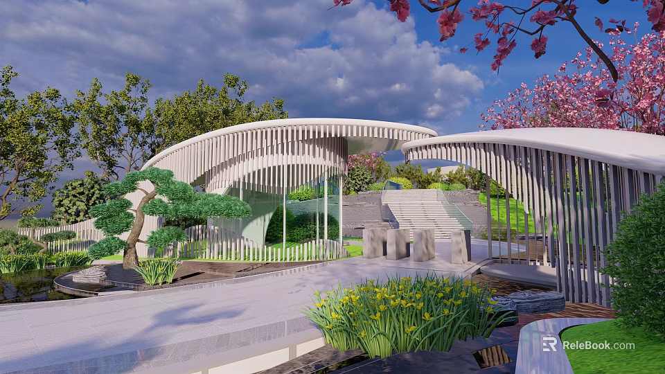 Modern Residential Landscape with Curved Structure Greenery Cherry Blossom Tree and Stone Steps 3d model 