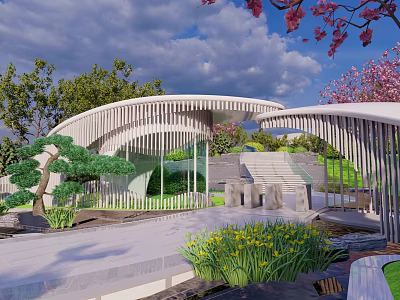 Modern Residential Landscape with Curved Structure Greenery Cherry Blossom Tree and Stone Steps 3d model