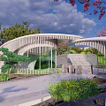 Modern Residential Landscape with Curved Structure Greenery Cherry Blossom Tree and Stone Steps