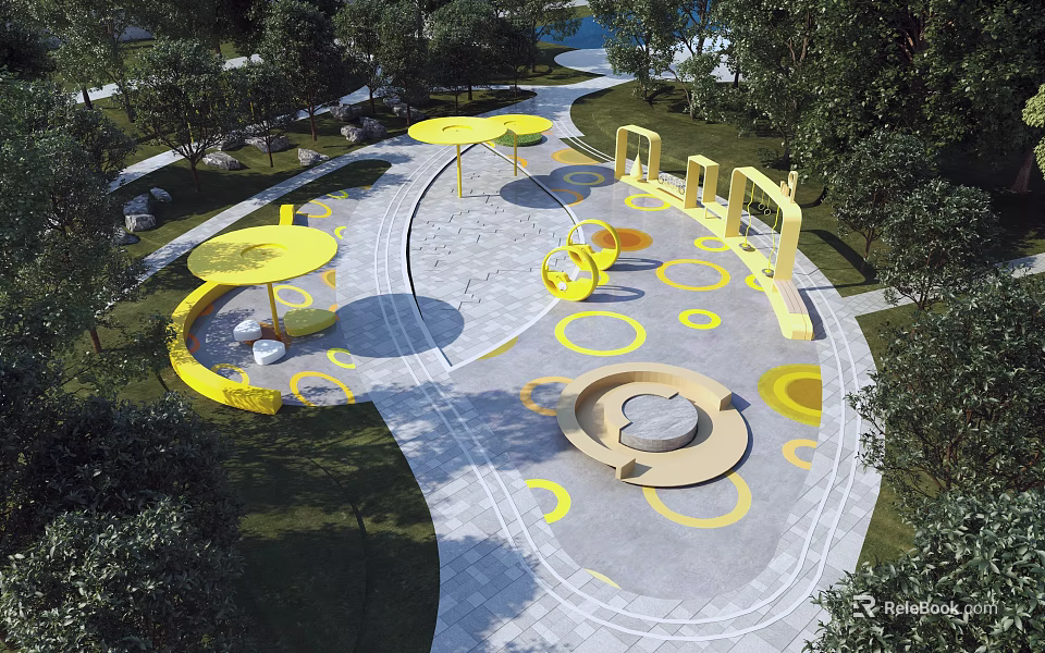 Vibrant Park Landscape With Yellow Circular Structures And Tree Lined Pathways 3d model