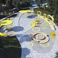 Vibrant Park Landscape With Yellow Circular Structures And Tree Lined Pathways 3d model