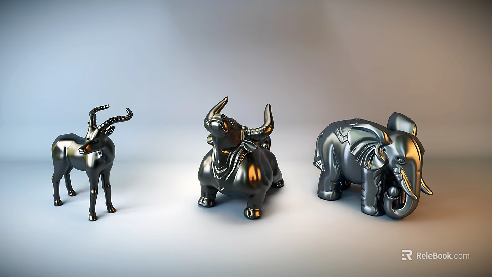 Carved Metal Animal Sculptures Featuring Antelope Bull And Elephant Figurines 3d model 