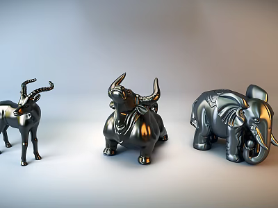 Carved Metal Animal Sculptures Featuring Antelope Bull And Elephant Figurines 3d model