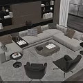 Modern Living Room With Beige Sectional Sofa Glass Coffee Table Black Armchairs And Pillows