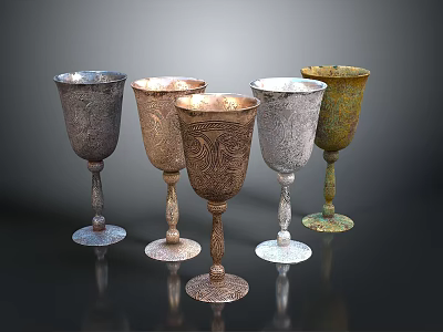 Set Of Colorful Decorative Household Goblets With Intricate Patterns And Metallic Bases 3d model