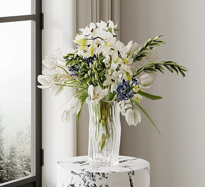 Transparent Glass Vase With White Blue Flowers And Green Leaves On Decorative Table 3d model