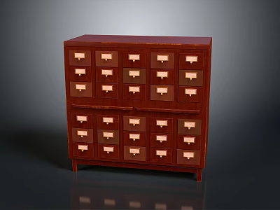 Red Wooden Drawer Cabinet With Multiple Small Drawers And Wooden Handles 3d model