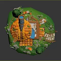 Cartoon Scene With Tower House Orange Roof Windmill Green Grass And Stones