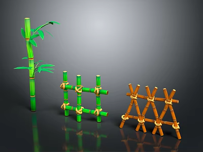 Decorative Green and Orange Bamboo Fences Tied with Ropes and Bamboo Plant 3d model