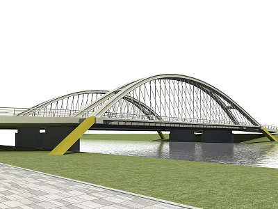 Scenic Double Arch Bridge With Metal Framework Over Water And Grass Walkway 3d model