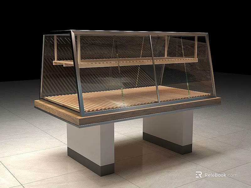 Glass Covered Display Cabinet Shelf With Wooden Shelves And White Base For Store 3d model 