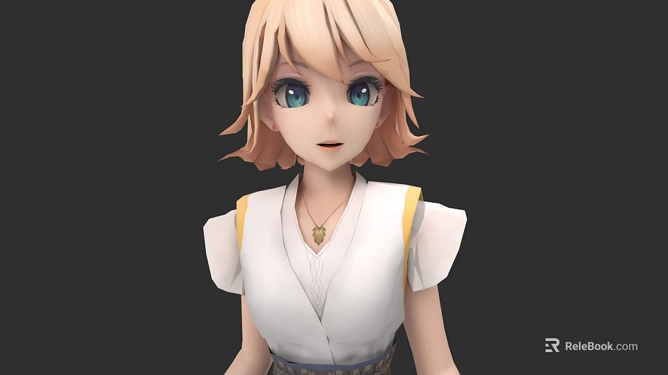 Anime Style Woman With Blonde Short Hair Blue Eyes White Top And Necklace 3d model 