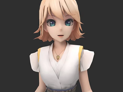 Anime Style Woman With Blonde Short Hair Blue Eyes White Top And Necklace 3d model