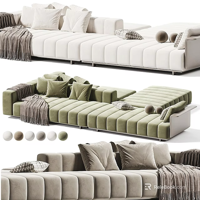 Modern Sectional Sofa With Beige Green Colors Throw Pillows Knit Blankets And Decorative Balls 3d model 