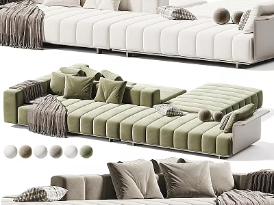 Modern Sectional Sofa With Beige Green Colors Throw Pillows Knit Blankets And Decorative Balls 3d model