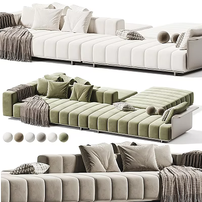Modern Sectional Sofa With Beige Green Colors Throw Pillows Knit Blankets And Decorative Balls 3d model