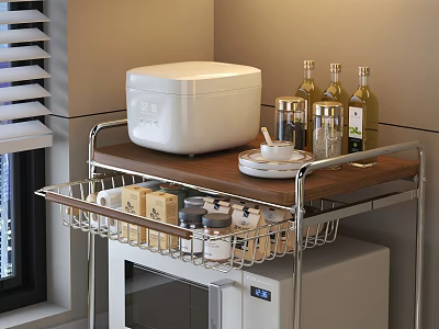 Functional Kitchen Cart With Wooden Top White Rice Cooker Condiment Bottles And Storage Basket 3d model