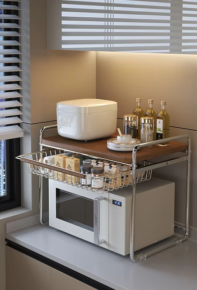 Functional Kitchen Cart With Wooden Top White Rice Cooker Condiment Bottles And Storage Basket 3d model