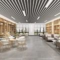 Modern Lounge Area with wooden bookshelves sofas tables chairs green plants and striped ceiling