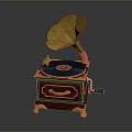Vintage Gramophone With Golden Horn Wooden Base Black Record And Pink Center