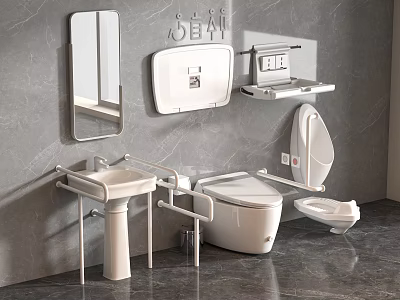 Modern Bathroom Toilet With Grab Bars Sink Mirror And Shelf 3d model