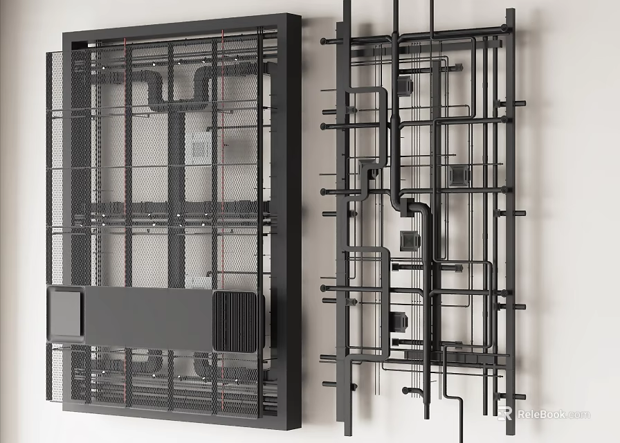 Industrial Style Wall Mounted Metal Pipes With Complex Grid Structure 3d model 