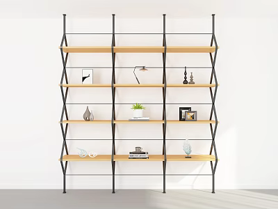 Modern Bookshelf with Wooden Shelves Black Metal Frame and Decorative Items Like Lamp Books Plant 3d model