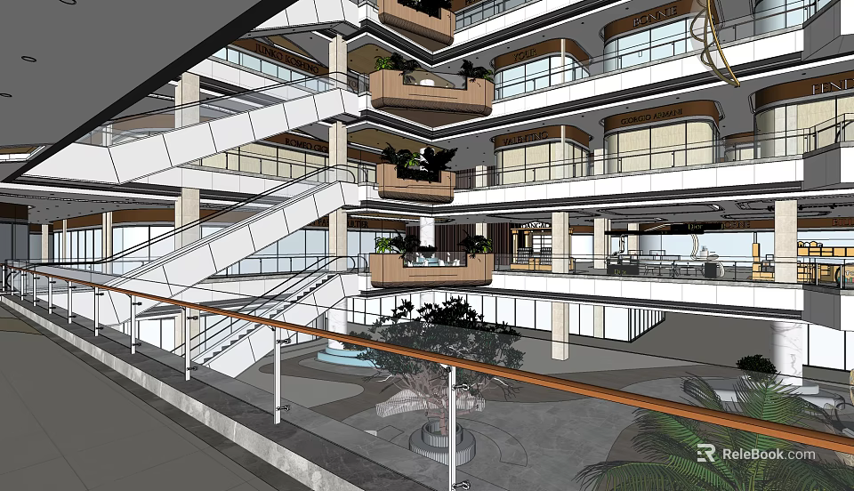 Spacious Shopping Mall Atrium With Modern Staircase Wooden Railings And Indoor Greenery 3d model 