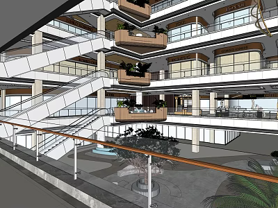 Spacious Shopping Mall Atrium With Modern Staircase Wooden Railings And Indoor Greenery 3d model