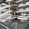 Spacious Shopping Mall Atrium With Modern Staircase Wooden Railings And Indoor Greenery