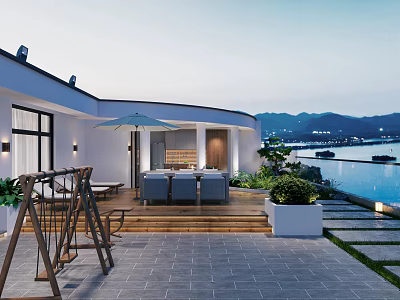 Modern Waterfront Outdoor Terrace Design With Dining Set Umbrella And Green Plants Overlooking Mountain View 3d model
