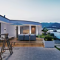 Modern Waterfront Outdoor Terrace Design With Dining Set Umbrella And Green Plants Overlooking Mountain View