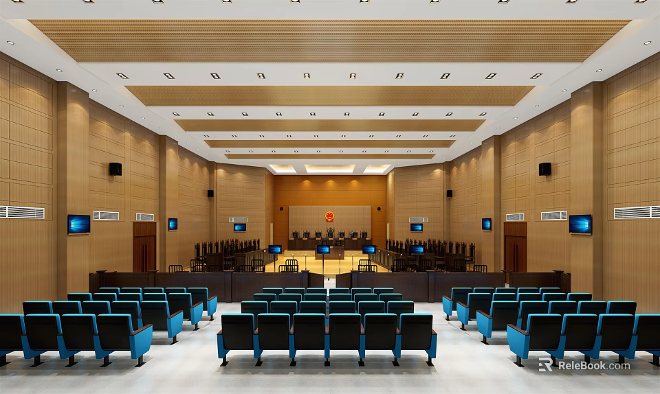 Courtroom Interior Design With Wooden Panel Walls Blue Seats And Ceiling Lighting 3d model 